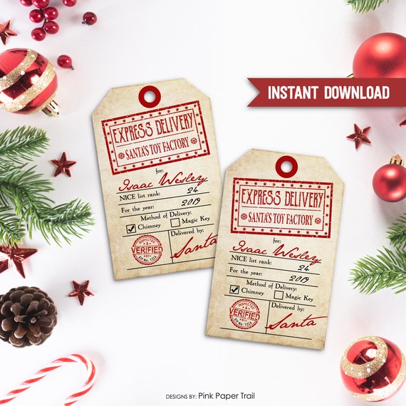 Holiday Gift Tag, Vintage Style Santas Checklist Naughty Nice Editable Hang Tags, DIY Christmas Printable Instant Download v.1 Il_570xn