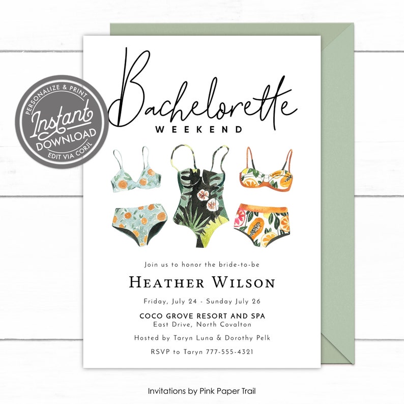 EDITABLE Bachelorette Weekend Invitation, Bridal Shower Swimsuit Tropical Boho Instant Access Invitation Template, Personalized Printable image 1