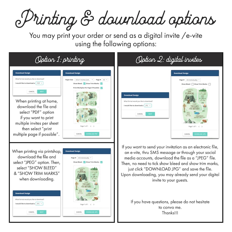 May include: A guide on how to print and download digital invitations. The guide shows two options: printing at home or via a printshop, and sending as a digital invite. The guide includes instructions on how to select the correct file type and settings for each option. The image also includes a sample invitation design with a camping theme.