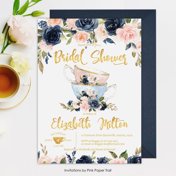 Tea Party Bridal Shower Invitation, Floral Pink Navy Gold Garden Bridal Shower Tea Party, High Tea Party, Personalized Printable Invitation Il_570xn