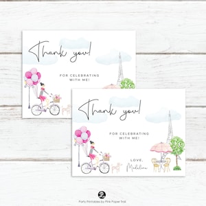 Paris Theme Thank You Card Template, Parisian Girl with Cute Paris Scene Thank You Card, Paris Eiffel Tower Editable Digital Template