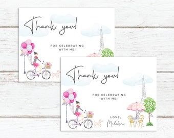 Paris Theme Thank You Card Template, Parisian Girl with Cute Paris Scene Thank You Card, Paris Eiffel Tower Editable Digital Template