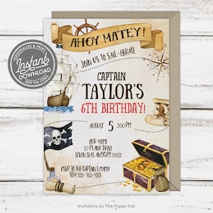 EDITABLE Pirate Birthday Invitation, Treasure Map Pirate Invite Ahoy Mateys Digital Download, Kids Birthday, Pirate Party Invite Printable