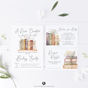 Storybook Theme Baby Shower Invite A New Chapter Baby Shower Party Invite Editable Template with Books for Baby Card with Diaper Raffle