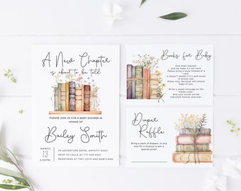 Storybook Theme Baby Shower Invite A New Chapter Baby Shower Party Invite Editable Template with Books for Baby Card with Diaper Raffle