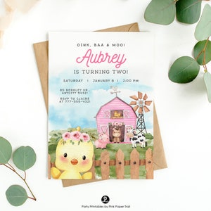 Editable Girl Farm Birthday Invitation Template, Pink Farm Birthday Invite, Cute Floral Farm Animals Girl Barnyard Bash Invitation Download