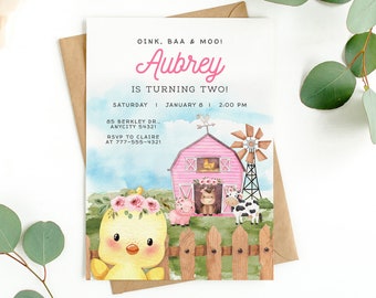 Editable Girl Farm Birthday Invitation Template, Pink Farm Birthday Invite, Cute Floral Farm Animals Girl Barnyard Bash Invitation Download