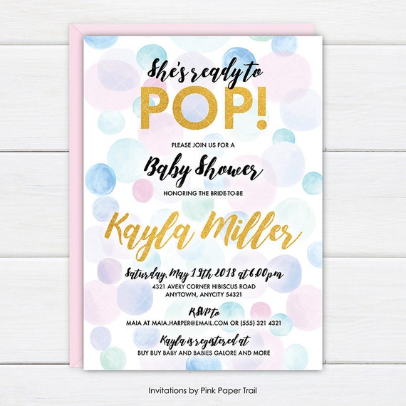 Baby Shower Invitation, She's Ready to Pop Baby Shower Invite, Pastel Pink Blue Mint Bubbles Watercolor Style Printable Baby Shower Invite Il_570xn