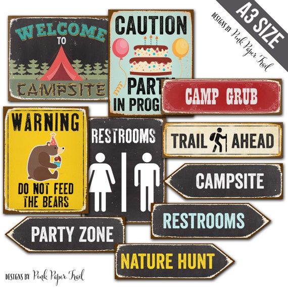 Camping Party Signs, Camping Party Decor, A3 size, Instant Download, Print your own Il_570xn