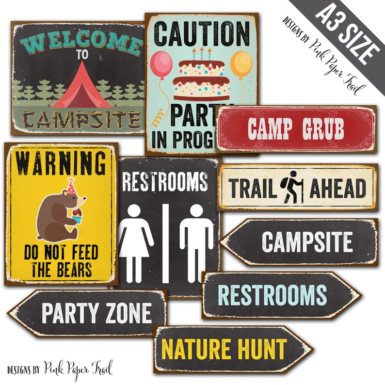 Camping Party Signs, Camping Party Decor, A3 size, Instant Download, Print your own image 1
