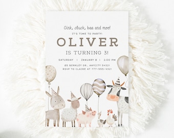 Whimsical Cute Farm Animals Birthday Invitation Template Barn Animals Birthday Party Invitation Modern Farm Animal Editable Digital Template