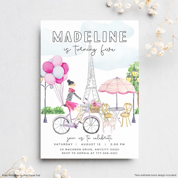 Paris Invitation Template, Parisian Girl Birthday Invitation with Cute Paris Scene, Paris Eiffel Tower Invite Editable Birthday Digital