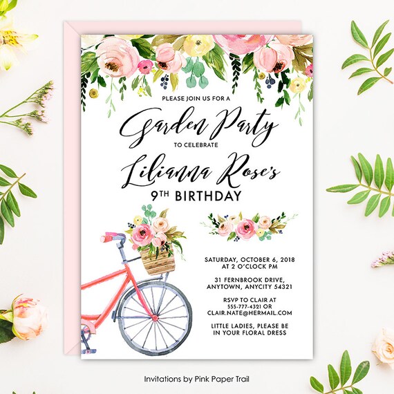 Floral Garden Birthday Party Invitation, Garden Tea Party Pink Floral Drops and Rustic Bicycle Any Age Printable Birthday Invite Il_570xn