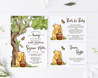 Winnie the Pooh Baby Shower Invitation Editable Template with Books for Baby and Diaper Raffle Card Pooh Bear Invite Instant Access in Corjl