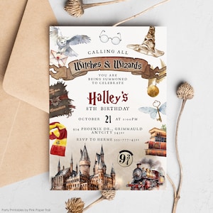 School of Magic and Wizards Editable Birthday Invitation, Witches and Wizards Magic School Birthday Party Invite Template Instant Access