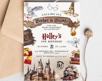 School of Magic and Wizards Editable Birthday Invitation, Witches and Wizards Magic School Birthday Party Invite Template Instant Access