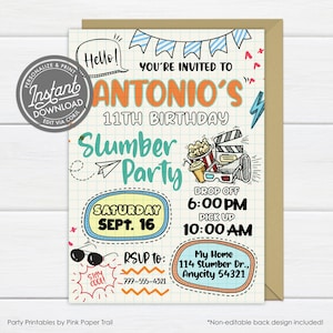 EDITABLE Sleepover Birthday Invitation, Boy Slumber Party, Slumber Party Boy Birthday, Doodle Scribble Birthday Invite, Instant Access