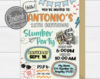 EDITABLE Sleepover Birthday Invitation, Boy Slumber Party, Slumber Party Boy Birthday, Doodle Scribble Birthday Invite, Instant Access