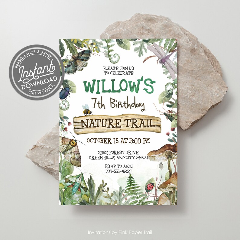 May include: A green and brown nature-themed birthday invitation for Willow's 7th birthday party. The invitation features a wooden sign with the text "Willow's 7th Birthday Nature Trail" and details about the party, including the date, time, and location. The invitation is decorated with watercolor illustrations of leaves, flowers, butterflies, and insects.