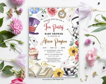 Editable Mad Hatter Tea Party Baby Shower Invitation, Alice in Wonderland Baby Shower Whimsical Tea Party Invitation Template Printable