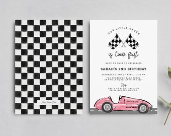 Pink Race Car Birthday Invitation Template, Two Fast Pink Race Car First Birthday Invite, Vintage Retro Race Car Printable Editable Template