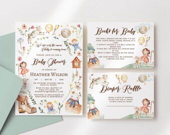 EDITABLE Nursery Rhyme Themed Baby Shower Invitation Set, Nursery Rhyme Characters Gender Reveal Invitation Instant Access Print Your Own