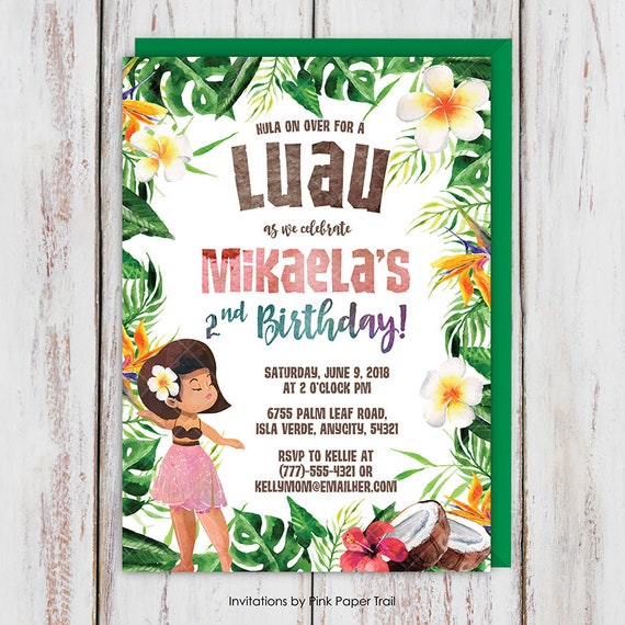 Luau Hawaiian Girl Tropical Birthday Party Invitation, Aloha Island Girl Birthday Invitation, Hula Beach Party Digital Printable Invite Il_570xn