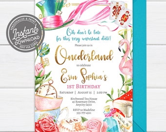 EDITABLE Alice in Wonderland Birthday Invitation, Any Age Alice in Wonderland Tea Party Birthday Invite, Instant Download Print Your Own