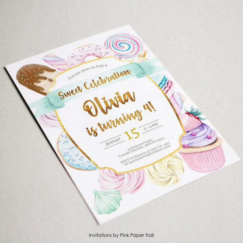 EDITABLE Sweets Birthday Party Invitation Pastels and Gold Donut ...