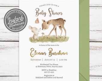 EDITABLE Woodland Baby Shower Invitation, Minimalist Simple Gender Neutral Watercolour Woodland Baby Shower Printable Instant Access Invite