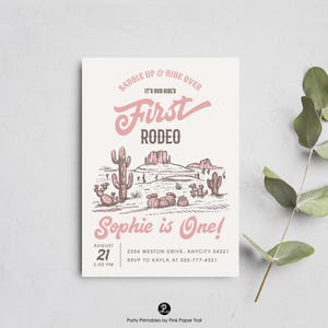 Editable Pink Wild West Desert Invitation Hand Drawn, First Rodeo Cowgirl Birthday Invitation, Western Digital Template Instant Download