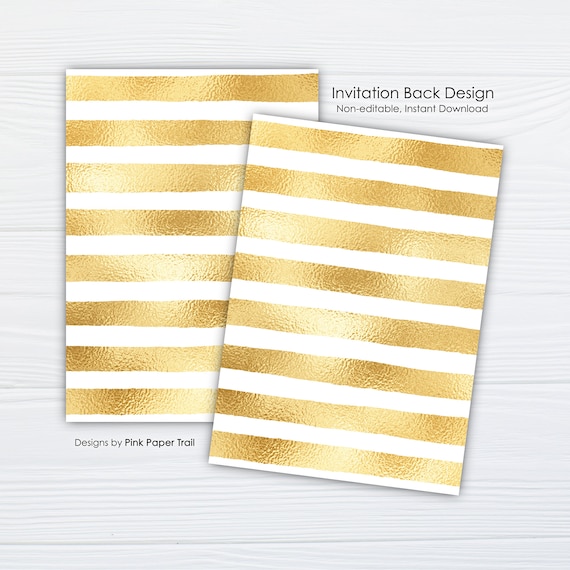 Gold Stripes Invitation Back Design, Faux Gold Printable Invitation