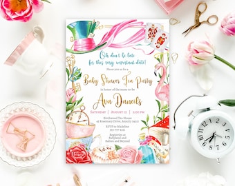 EDITABLE Alice in Wonderland Baby Shower Invitation, Alice In Wonderland Mad Hatter Tea Party Baby Shower, Instant Download Print Your Own
