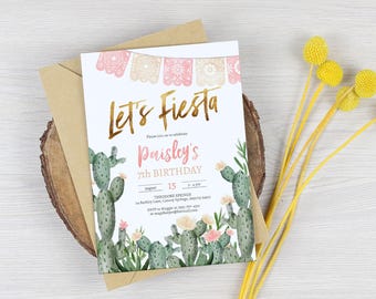 EDITABLE Let's Fiesta Birthday Invitation, Cactus Succulent Fiesta Party Any Age Birthday Invitation Instant Download