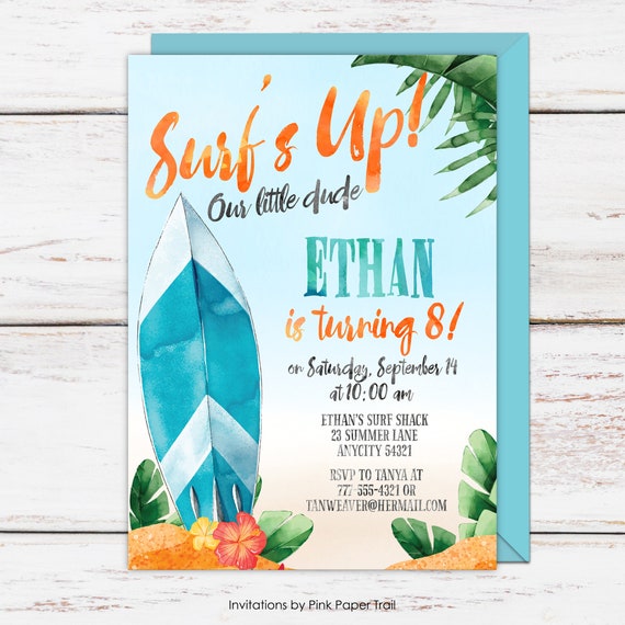 Surf's Up Birthday Invitation, Surf Beach Pool Summer Swimming Birthday Party Invitation, Personalized Printable Digital Invite Il_570xn