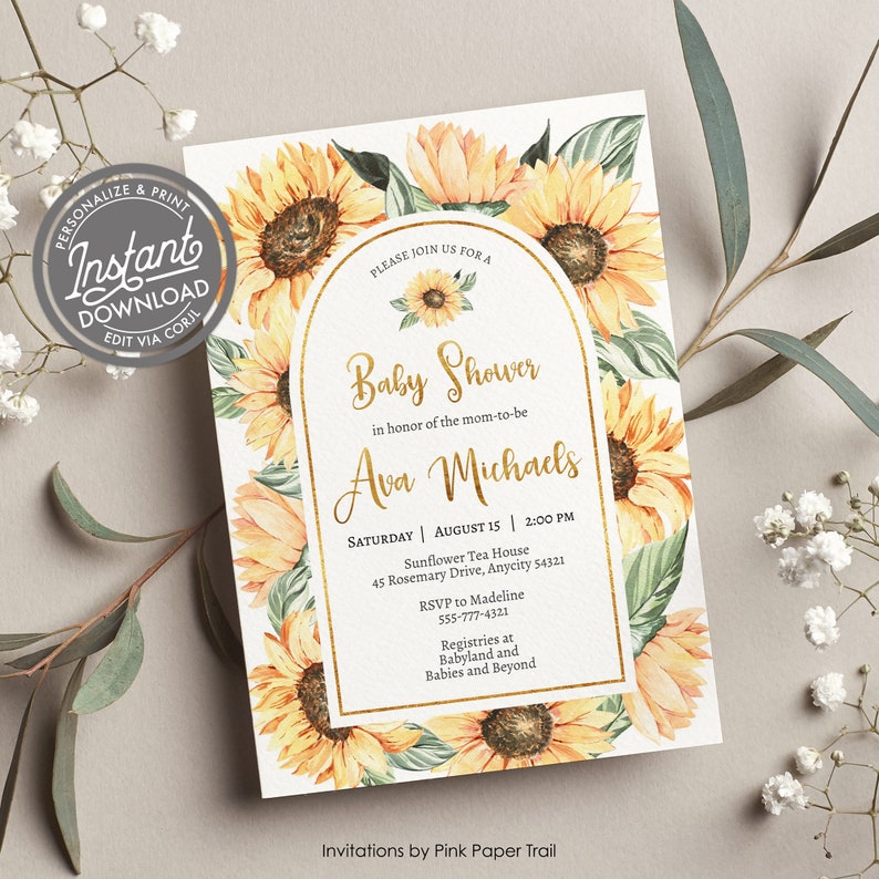 EDITABLE Sunflower Baby Shower Invitation Lovely Floral Etsy