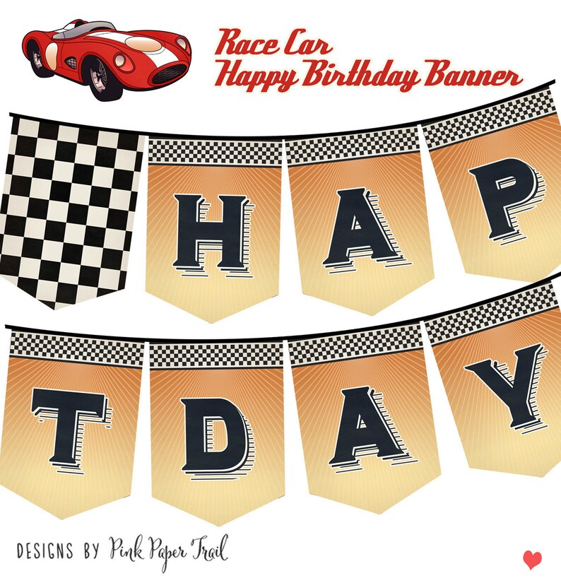 Pu&ograve; includere: Uno striscione di compleanno stampabile a tema automobilistico con le parole "Buon compleanno" in lettere nere su sfondo giallo con un motivo a scacchi.