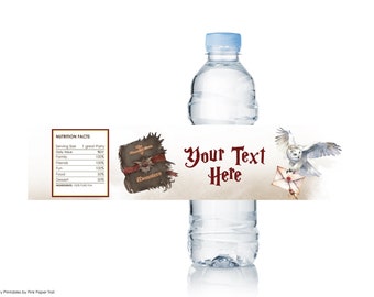May include: Water bottle label featuring a brown book with the text "The Monster Book of Monsters" and a white owl flying with a letter. The label also includes the text "Your Text Here".