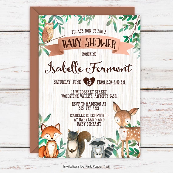 Woodland Birthday Invitation, Girl or Boy Woodland Theme Invitation, Woodland Animals Owl Fox Squirrel Racoon Deer Personalized Invitation Il_570xn