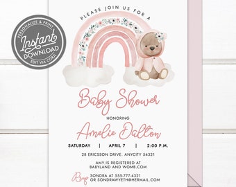 EDITABLE Boho Rainbow Baby Shower Invitation with a Cute Baby Bear, Pink Floral Boho Rainbow Baby Shower Editable Instant Access Printable