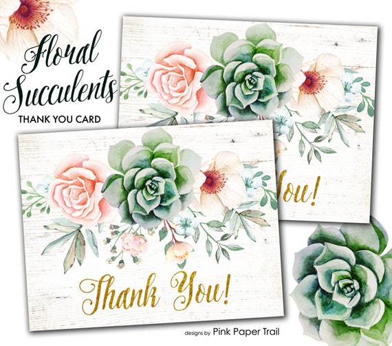 Floral Succulent Boho Chic Folded Type Printable Thank You Card, Succulent Protea Anemone Rustic Party Printables Il_570xn