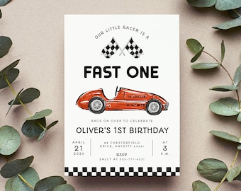 Fast One Red Race Car First Birthday Invite, Race Car Birthday Invitation Template, Vintage Retro Race Car Printable Template Instant Access