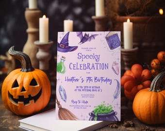 Witch Birthday Invitation Template Editable, Spooky Halloween Birthday Invite, Pink Purple Witch Party Printable Corjl Template