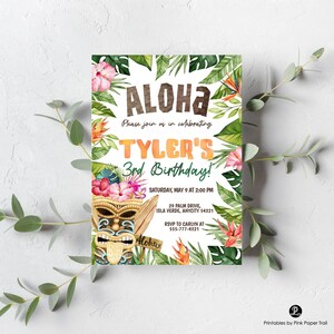 Editable Tiki Aloha Birthday Invitation, Tropical Luau Party Hawaiian Beach Boy Birthday Invite Summer Pool Party Printable Instant Download