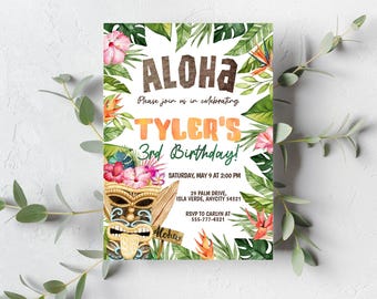 Editable Tiki Aloha Birthday Invitation, Tropical Luau Party Hawaiian Beach Boy Birthday Invite Summer Pool Party Printable Instant Download