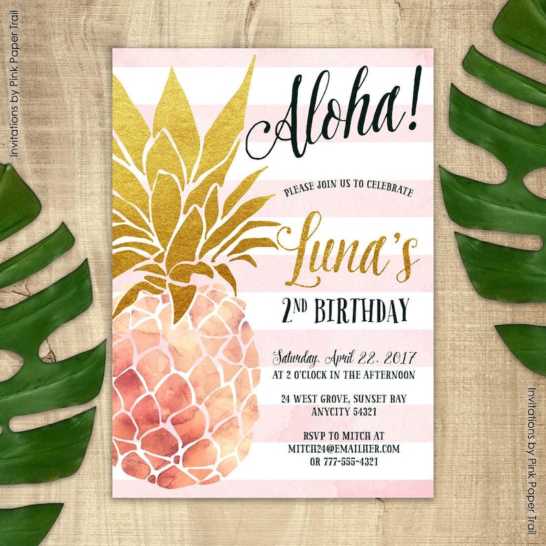 Pineapple Invitation Birthday Party Invitation Pink and Gold Etsy