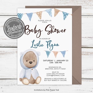 EDITABLE Boho Baby Shower Invitation, Boho Baby Bear Baby Boy Shower Invitation Teddy Bear with Buntings Printable Instant Access Invite bild 1