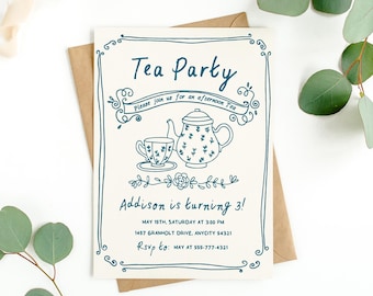 Hand Drawn Tea Party Birthday Invitation Editable Template, Fun Quirky Doodle Tea Party Handwritten illustrated Birthday Invite Downloadable