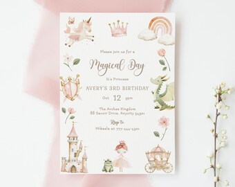 Princess Magical Day Birthday Invitation, Princess Castle Palace Birthday Party Invite Editable Invitation Template
