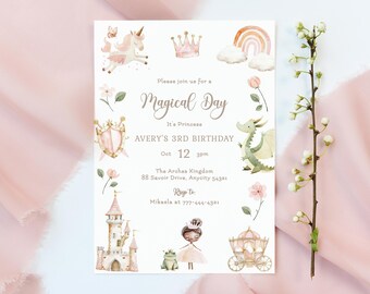 Princess Birthday Invitation, Magical Day Princess Castle Palace Birthday Party Invite Editable Invitation Template